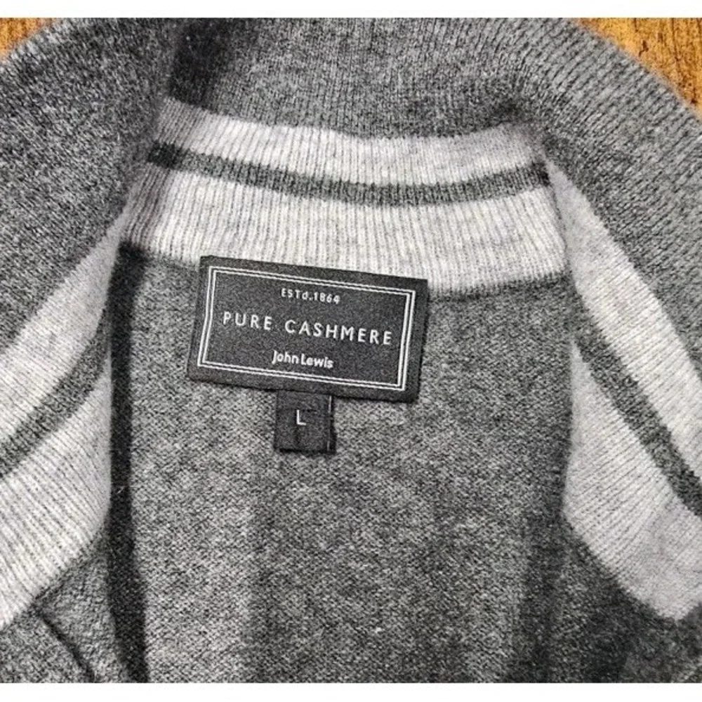 John Lewis Pure Cashmere Men's Large Gray‎ 1/4 Zip Sweater Pullover Ex Cond